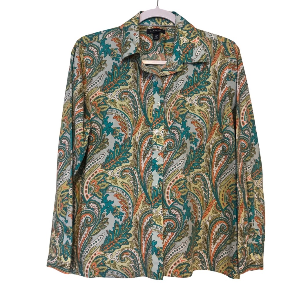 Land's End‎ Women Paisley Light Green Orange Button Shirt Long Sleeves Size 16P